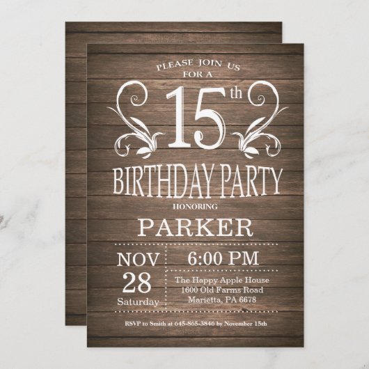 15. Geburtstag Einladung Rustikale Holzblume (Vorne/Hinten)