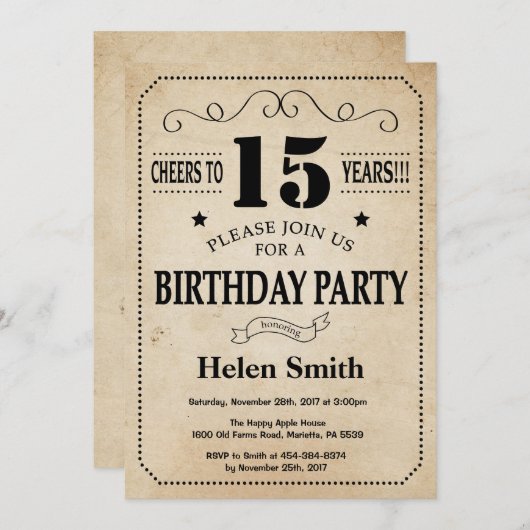 15. Geburtstag Einladung Rustikale Vintage Retro (Vorne/Hinten)
