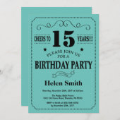 15. Geburtstag Einladung Schwarz und Aquamarin (Vorne/Hinten)