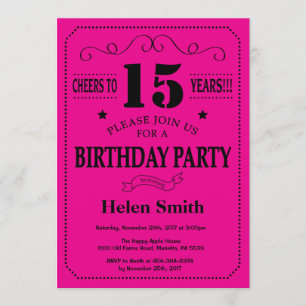 15. Geburtstag Einladung Schwarz und Heiß Rosa