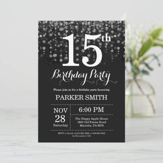 15. Geburtstag Einladung Silberner Glitzer (Stehend Vorderseite)