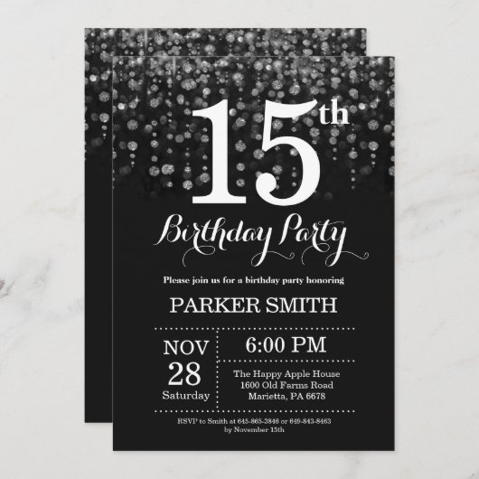 15. Geburtstag Einladung Silberner Glitzer (Vorne/Hinten)