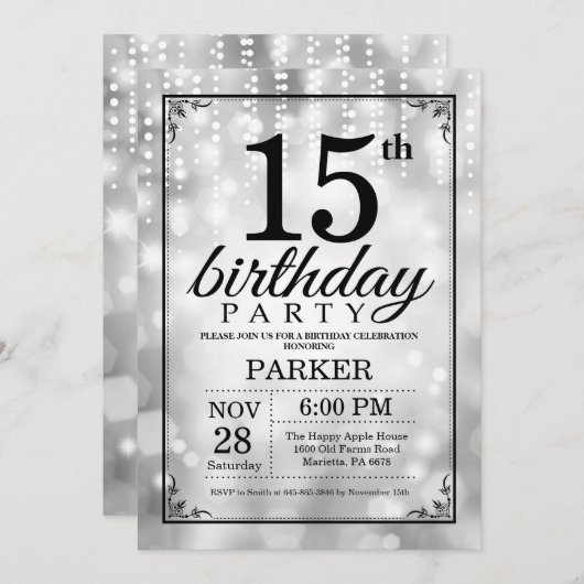 15. Geburtstag Einladung Silberner Glitzer (Vorne/Hinten)