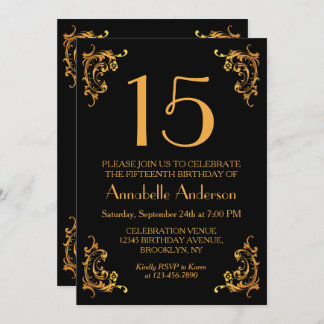 15. Geburtstag Elegantes Gold Vintages Retro Einladung