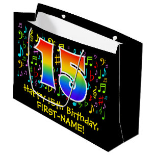 15. Geburtstag - Farbige Musiksymbole, Regenbogen  Große Geschenktüte