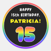 15. Geburtstag: Farbiger Regenbogen # 15, Individu Runder Aufkleber (Vorderseite)