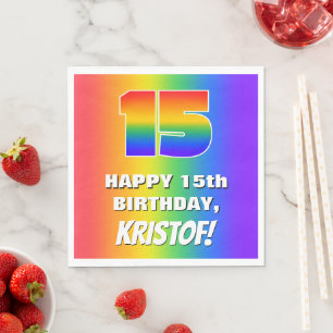 15. Geburtstag: Farbiges, lustiges Regenbogenmuste Serviette