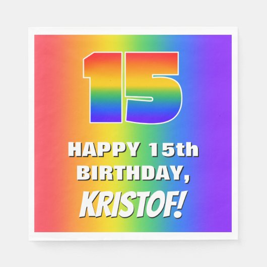 15. Geburtstag: Farbiges, lustiges Regenbogenmuste Serviette (Vorderseite)