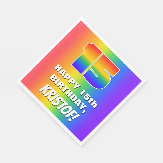 15. Geburtstag: Farbiges, lustiges Regenbogenmuste Serviette (Ecke)