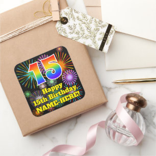 15. Geburtstag: Fun Fireworks Look, Rainbow # 15 Quadratischer Aufkleber