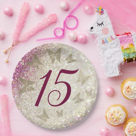 15. Geburtstag Glitzer Rosa Pappteller (Party)