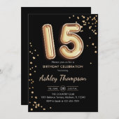 15. Geburtstag - Gold Balloons Black Einladung (Vorne/Hinten)