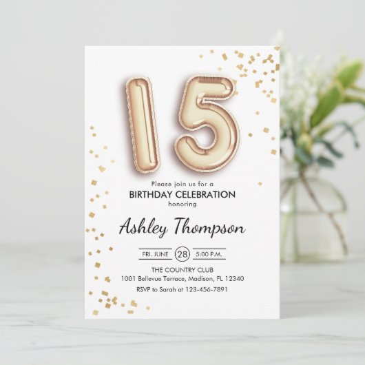 15. Geburtstag - Goldballons Einladung (Stehend Vorderseite)