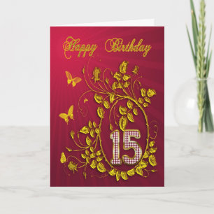 15. Geburtstag goldene Schmetterlinge Karte