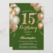 15. Geburtstag Green und Gold Balloons Confetti Einladung (Vorne/Hinten)