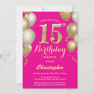 15. Geburtstag Hot Pink und Gold Balloons Confetti Einladung