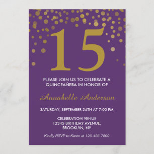 15. Geburtstag Lila Golddots Quinceañera Einladung