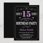 15. Geburtstag Lila und schwarzer Halbpension Einladung (Vorne/Hinten)