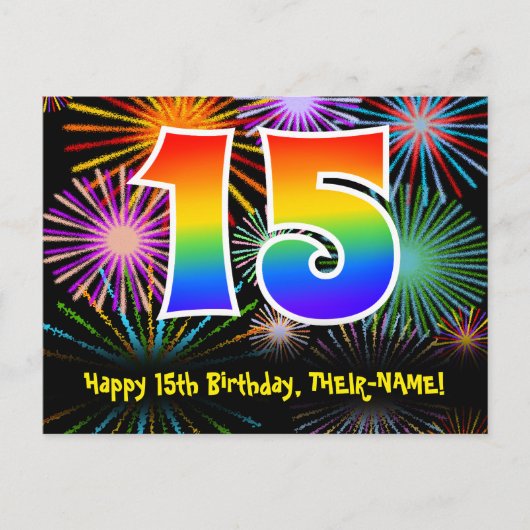 15. Geburtstag – Lustiges Feuerwerk Muster + Regen Postkarte (Vorderseite)