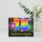 15. Geburtstag – Lustiges Feuerwerk Muster + Regen Postkarte (Stehend Vorderseite)