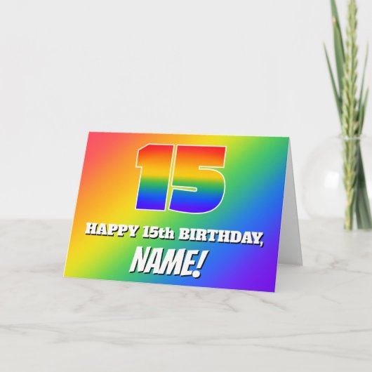 15. Geburtstag: mehrfarbiges Regenbogenmuster # 15 Karte (Vorderseite)