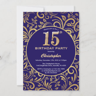 15. Geburtstag Navy Blau und Gold Floral Muster Einladung