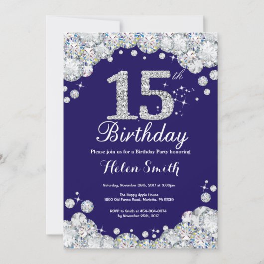 15. Geburtstag Navy Blue und Silver Diamond Einladung (Vorderseite)