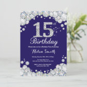15. Geburtstag Navy Blue und Silver Diamond Einladung (Stehend Vorderseite)