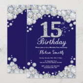 15. Geburtstag Navy Blue und Silver Diamond Einladung (Vorne/Hinten)