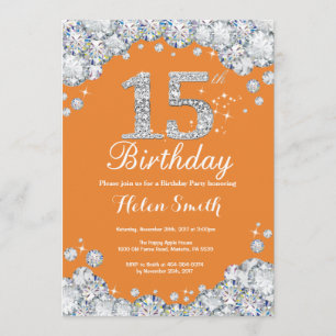 15. Geburtstag Orange und Silver Diamond Einladung