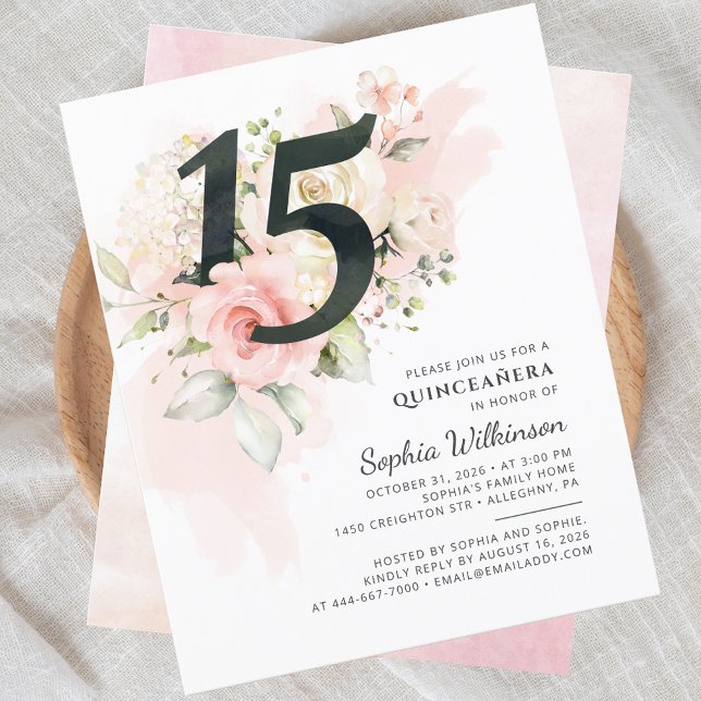 15. Geburtstag Party Einladung (Quinceanera Floral Pink Botanical 15th Birthday Party Invitation)