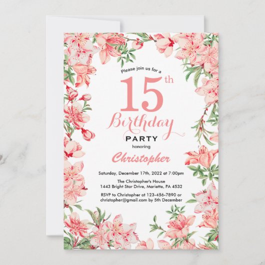 15. Geburtstag Pink Boho Botanische Blume Einladung (Vorderseite)