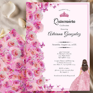 15. Geburtstag Pinke Rosen und Kleid Quinceanera Einladung