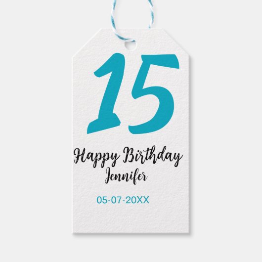 15. Geburtstag quiencenera fügen Datum Jahr blauen Geschenkanhänger (Vorderseite)