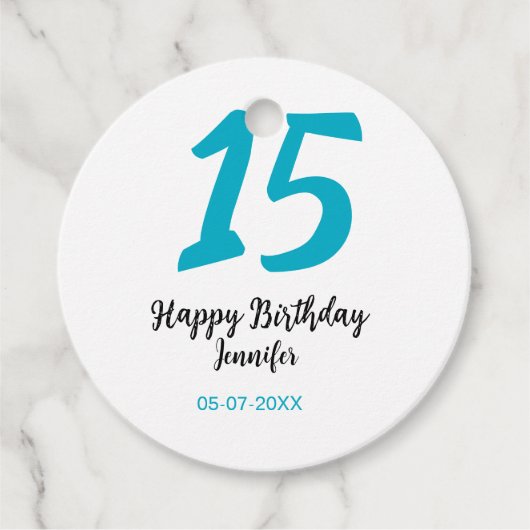 15. Geburtstag quiencenera fügen Datum Jahr blauen Geschenkanhänger (Vorderseite)