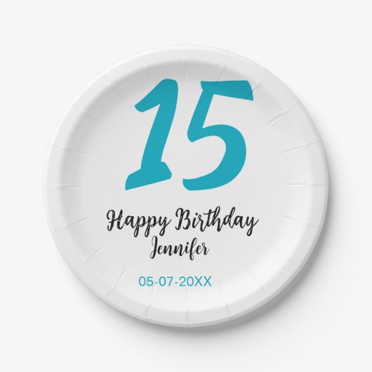 15. Geburtstag quiencenera fügen Datum Jahr blauen Pappteller (Vorderseite)