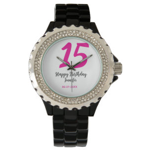 15. Geburtstag quiencenera fügen Datum Jahr rosa T Armbanduhr