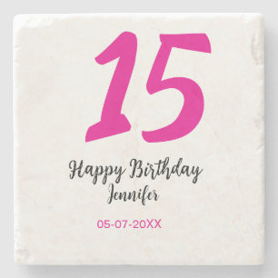 15. Geburtstag quiencenera fügen Datum Jahr rosa T Steinuntersetzer