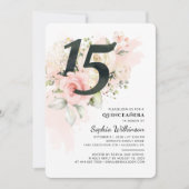 15. Geburtstag Quinceanera Eukalyptus Pink Floral Einladung (Vorderseite)