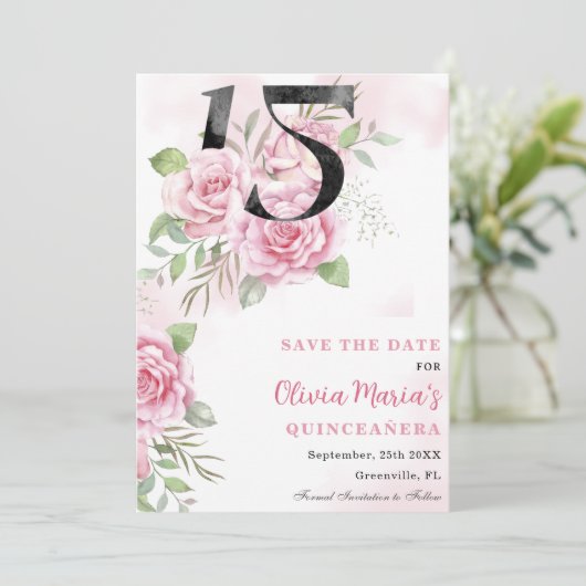15. Geburtstag Quinceanera Rustikale Flora Save The Date (Stehend Vorderseite)