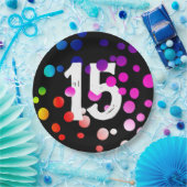 15. Geburtstag Rainbow Dots auf Black Pappteller (Party)
