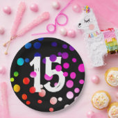 15. Geburtstag Rainbow Dots auf Black Pappteller (Party)