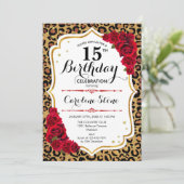 15. Geburtstag - Red Gold Leopard Print Einladung (Stehend Vorderseite)