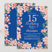15. Geburtstag Rosa Blume Blau Einladung (Vorne/Hinten)