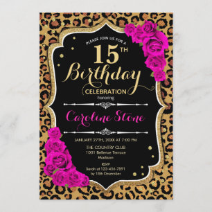 15. Geburtstag - Rosa Rosen Leopard Print Einladung