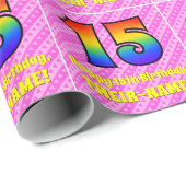 15. Geburtstag: Rosa Streifen & Herz, Regenbogen # Geschenkpapier (Rolleneckpunkt)