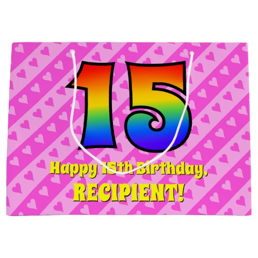 15. Geburtstag: Rosa Streifen & Herz, Regenbogen # Große Geschenktüte (Vorderseite)