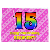 15. Geburtstag: Rosa Streifen & Herz, Regenbogen # Große Geschenktüte (Rückseite)