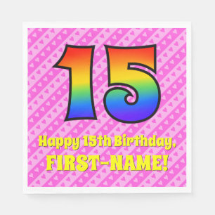 15. Geburtstag: Rosa Streifen & Herz, Regenbogen # Serviette