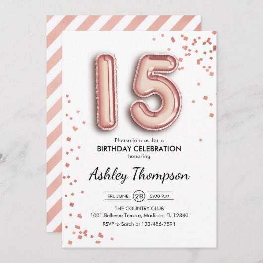 15. Geburtstag - Rose Gold Balloons Einladung (Vorne/Hinten)